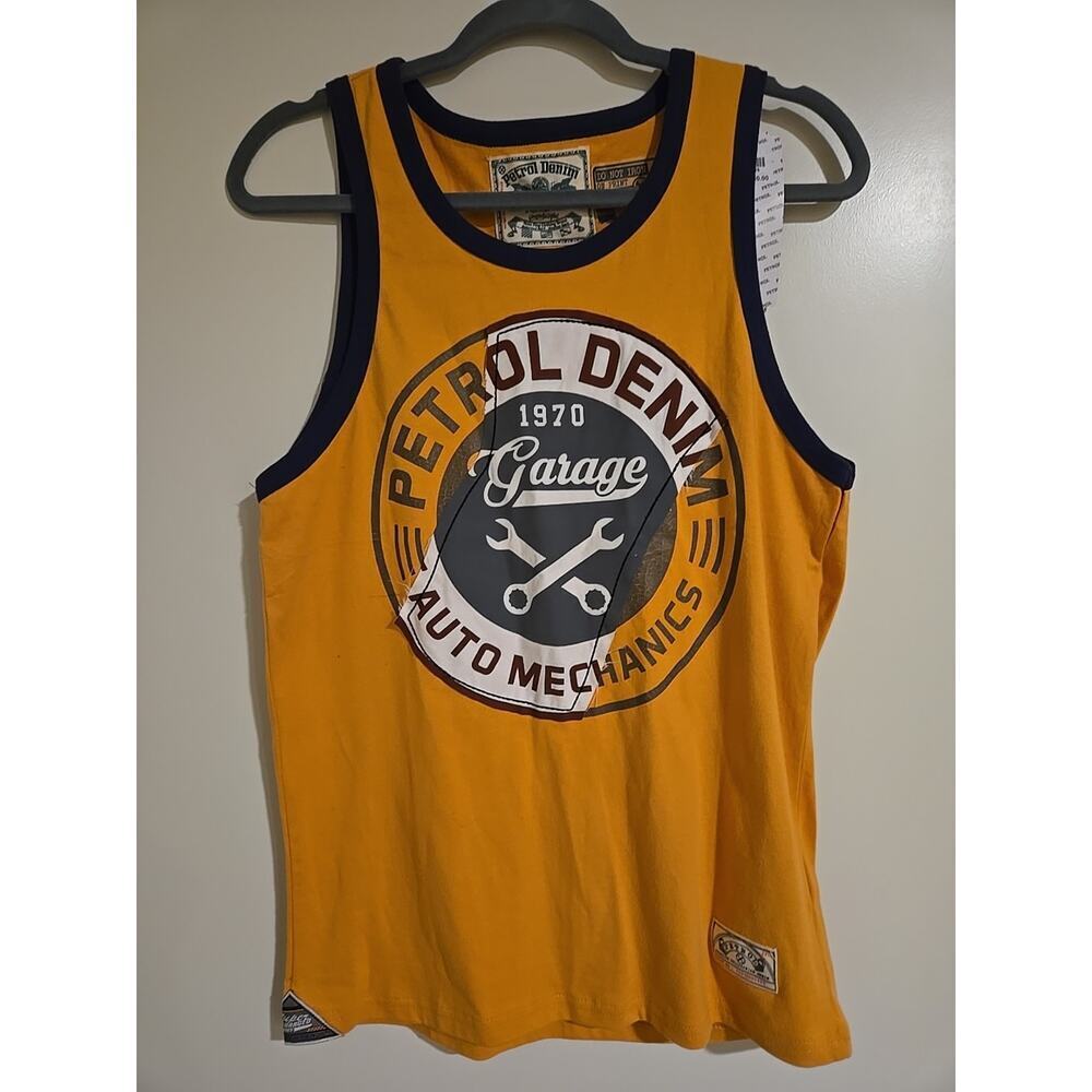 PETROL Denim 1970 Men's Tank Top Shirt Medium Auto Mechanics Yellow